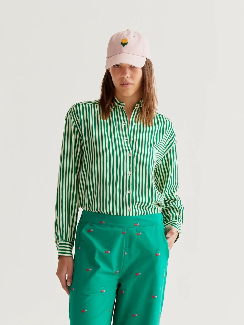 Compania Fantastica green striped button-up shirt